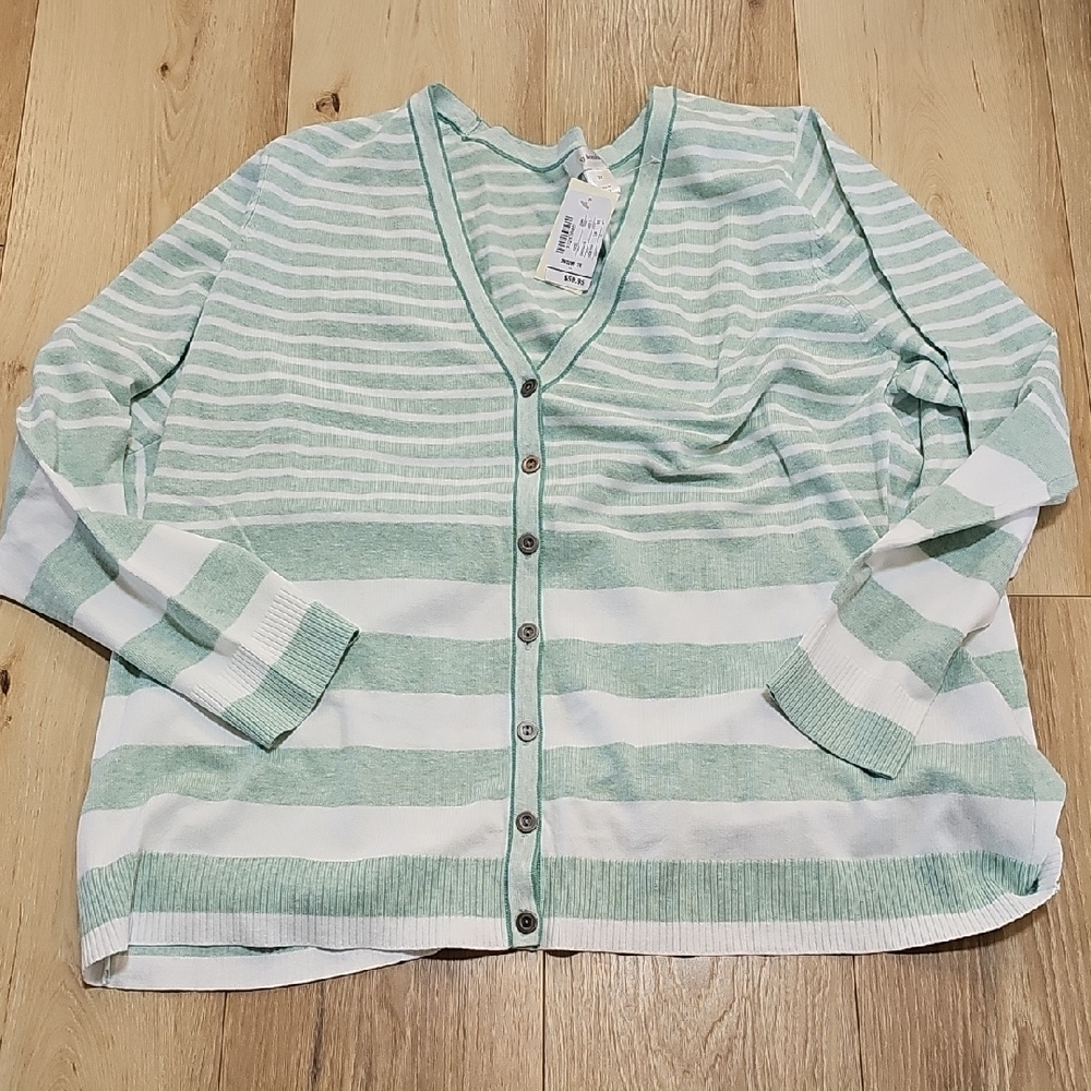 CJ BANKS CARDIGAN SWEATER MINT GREEN & WHITE STRIPED SIZE 2X NWT